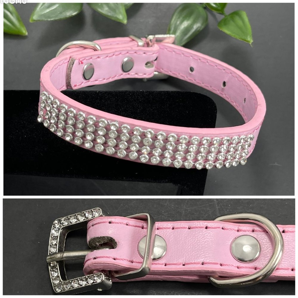 Faux Leather Bling Rhinestone Diamond Pet Collar in Pink NEW